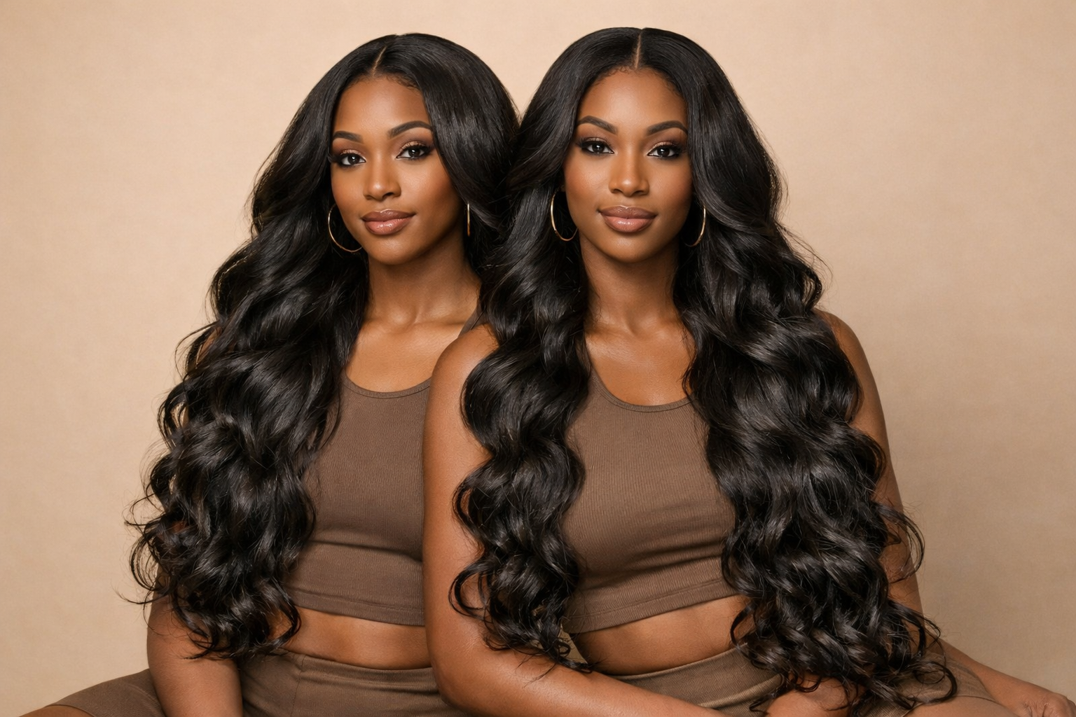 Two women with long, wavy black hair wearing matching brown tops against a beige background.